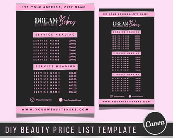 Price List Template Beauty, Silver Pink Editable Price list, Digital Download Price list Canva, Lash Tech, Aesthetics, Hair Salon, Nail Tech