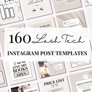 Pode incluir: Uma colagem de 160 modelos de postagens do Instagram para técnicos de cílios. Os modelos apresentam uma variedade de designs, incluindo texto, gráficos e fotos. Os modelos são projetados para ajudar os técnicos de cílios a promover seus negócios e se conectar com seus clientes.
