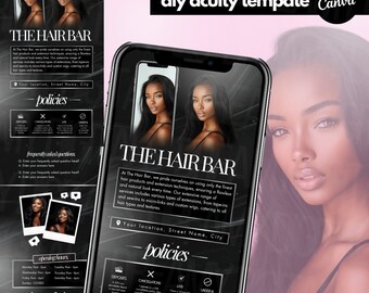 May include: A black and white mobile phone screen mockup with a graphic design for a hair salon called "The Hair Bar". The design features a black background with white text and icons. The text includes the salon's name, location, services, policies, and frequently asked questions. The design also includes two images of women with long, dark hair.