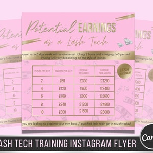 May include: Pink and gold graphic with the text "Potential Earnings as a Lash Tech". The graphic includes a table showing potential income based on hours worked per day, week, and month. The graphic also includes the text "£1234 Investment".