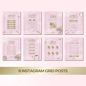 May include: Eight pink and gold Instagram grid posts with a watercolor background. The posts include information about appointments, cancellation policy, client feedback, looking for models, opening hours, booking policy, aftercare advice, and a price list.