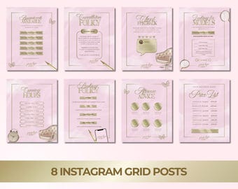 May include: Eight pink and gold Instagram grid posts with a watercolor background. The posts include information about appointments, cancellation policy, client feedback, looking for models, opening hours, booking policy, aftercare advice, and a price list.