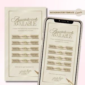 Puede incluir: Una plantilla de historia de Instagram en oro y blanco con el texto "Citas disponibles" y una lista de horarios de citas disponibles. La plantilla está diseñada para que las empresas compartan su disponibilidad con los clientes.