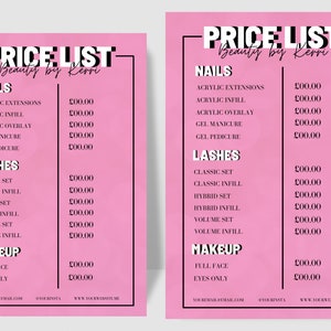 Price List Template Beauty / Bright Pink Editable Price list / Digital Download Price list Canva / Price list for Beauty Hair Nail Lash