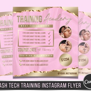 Könnte beinhalten: Rosa und goldener Flyer mit dem Text "TRAINING Academy" und "WHAT YOU'LL LEARN". Der Flyer wirbt für einen Lash-Tech-Schulungskurs mit dem Datum 14. Februar. Der Flyer enthält auch einen Preis von 1.234 £ und den Text "@YOUR.INSTAGRAM".