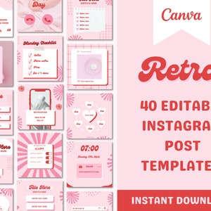Könnte beinhalten: Eine Sammlung von 40 editierbaren Instagram-Post-Vorlagen im Retro-Stil. Die Vorlagen sind überwiegend in Rosa und Rot gehalten und bieten verschiedene Layouts für Feedback, Checklisten, Erinnerungen und mehr. Das Canva-Logo ist sichtbar.