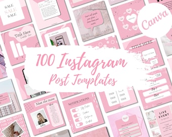 Puede incluir: Una colección de 100 plantillas de publicaciones de Instagram en rosa y blanco con varios diseños y textos. Las plantillas incluyen textos como "Venta", "Título aquí", "Conoce al equipo", "Notificaciones", "Esto", "Paso 1", "Paso 2", "Pasos", "Evento en vivo", "15 de marzo", "Escribe un párrafo sobre el evento aquí", "CSS", "No le digas a la gente tus planes, muéstrales tus resultados", y "30% de descuento".