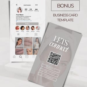 Puede incluir: Una plantilla de marketing digital que presenta una maqueta de perfil de Instagram y un dise&ntilde;o de tarjeta de visita. El perfil de Instagram muestra una foto de perfil, nombre de usuario, n&uacute;mero de seguidores y un llamado a la acci&oacute;n. La tarjeta de visita dice "Lets Connect" con un c&oacute;digo QR.