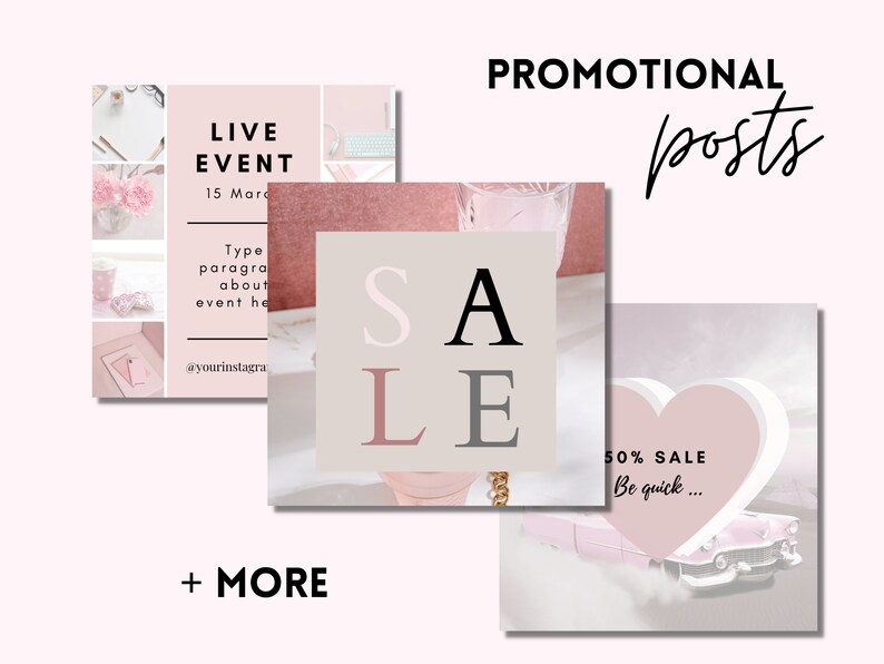 Op de afbeelding: Drie ontwerpen voor social media-berichten in een roze en witte kleurstelling. De eerste post is voor een live-evenement op 15 maart. De tweede post is een verkoopadvertentie met het woord "SALE" in grote zwarte letters. De derde post is een verkoopadvertentie met 50% korting met een roze hart en een oldtimer.