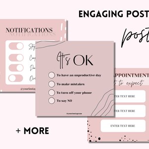 Op de afbeelding: Drie roze en witte social media post sjablonen met zwarte tekst. De eerste post is een checklist met de titel "Meldingen". De tweede post heeft de titel "Het is OK" en een checklist met vier items. De derde post heeft de titel "Afspraak om te verwachten" en drie tekstvakken.