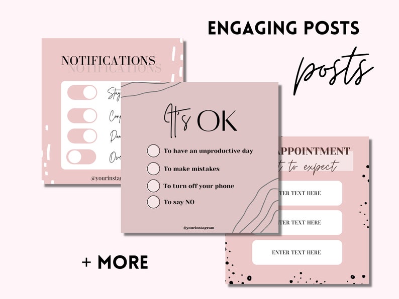 Op de afbeelding: Drie roze en witte social media post sjablonen met zwarte tekst. De eerste post is een checklist met de titel "Meldingen". De tweede post heeft de titel "Het is OK" en een checklist met vier items. De derde post heeft de titel "Afspraak om te verwachten" en drie tekstvakken.