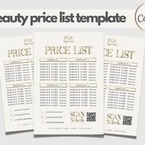 Modelo de lista de preços, design de cartão de visita de beleza, lista de preços Gold Chrome, código QR, Lash Tech, Nail Tech, Estética, Mídias Sociais, DIY