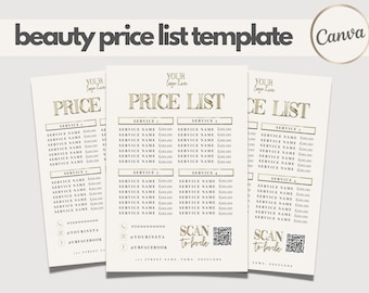 May include: A white price list template with gold accents. The template is divided into four sections, each with a heading for a different service. The headings are "Service 1", "Service 2", "Service 3", and "Service 4". Each section lists a variety of services with their corresponding prices. The template also includes a logo placeholder, contact information, and a QR code.