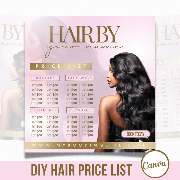 DIY Hair Price List Flyer, Hair Template, Hair Extensions, Hair Salon, Braider, Hair Wig, Canva Template, Gold, Hair Bundle Deals