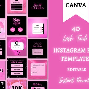 Op de afbeelding: Een roze en zwarte grafische sjabloon voor sociale media. De sjabloon bevat de tekst "CANVA 40 Lash Tech INSTAGRAM POST TEMPLATES EDITABLE Direct downloaden".