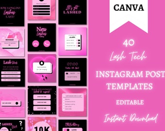 Puede incluir: Una plantilla de diseño gráfico rosa y negro para redes sociales. La plantilla presenta el texto "CANVA 40 Lash Tech INSTAGRAM POST TEMPLATES EDITABLE Descarga instantánea".