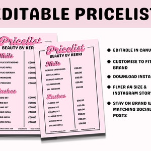 Price List Template Beauty / Bright Pink Editable Price list / Digital Download Price list Canva / Price list for Beauty Hair Nail Lash