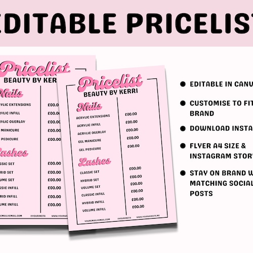 Price List Template Beauty Bright Pink Editable Price list Digital