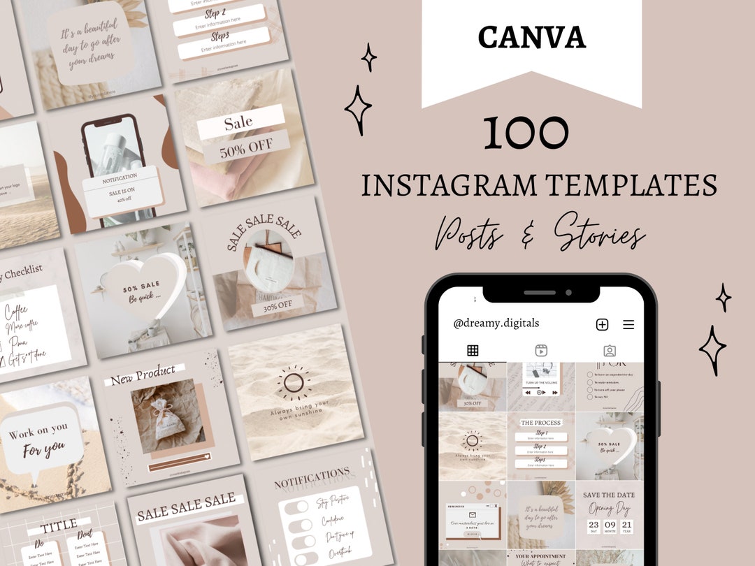 Boho Instagram Post Templates Canva, 100 Post Bundle , Feed, Story ...