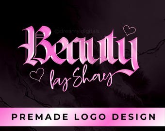 May include: Premade logo design for a beauty business called "Beauty by Shay" with a pink, 3D, gothic-style font and hearts.