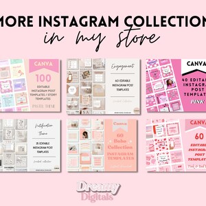 Op de afbeelding: Een collage van zes afbeeldingen die verschillende Instagram-posttemplates voor Canva laten zien. De templates hebben verschillende thema's, waaronder pastel, engagement, roze, notificatie, boho en roze en rood retro. Elke afbeelding toont een verzameling bewerkbare templates met een nummer dat de hoeveelheid aangeeft.