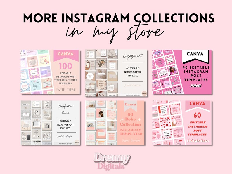 Op de afbeelding: Een collage van zes afbeeldingen die verschillende Instagram-posttemplates voor Canva laten zien. De templates hebben verschillende thema's, waaronder pastel, engagement, roze, notificatie, boho en roze en rood retro. Elke afbeelding toont een verzameling bewerkbare templates met een nummer dat de hoeveelheid aangeeft.