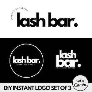 May include: A set of three black and white logos for a lash bar business. The logos feature the text "lash bar." with the words "luxury lash service" underneath. The logos are in different styles, including a circle with a black background and white text, and a simple text-only logo.