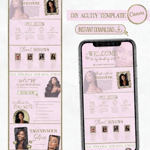 May include: A pink and gold template for a beauty salon booking website. The template includes a welcome message, a section for booking policies, client reviews, and a special offer. The template also includes a photo of the salon owner and a call to action to book now.