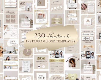 May include: A collage of 230 neutral-toned Instagram post templates for social media marketing. The templates feature various layouts, including text boxes, images, and graphics. The templates are designed to be used for a variety of purposes, such as promoting products, services, events, and announcements.