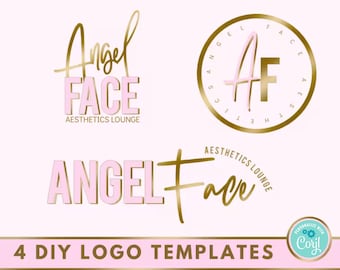 May include: Four DIY logo templates for an aesthetics lounge. The logos feature the words "Angel Face Aesthetics Lounge" in gold and pink. One logo is circular with the letters "AF" in the center. The text "4 DIY LOGO TEMPLATES" is at the bottom.