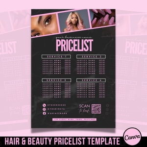 Price List Template Beauty, Pink Editable Price list, Digital Download Price list Canva, Lash Tech, Aesthetics, Hair Salon, Nail Tech
