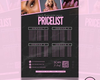Price List Template Beauty, Pink Editable Price list, Digital Download Price list Canva, Lash Tech, Aesthetics, Hair Salon, Nail Tech