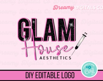 May include: A pink and black logo design for a business called "Glam House Aesthetics". The logo features the text "Glam House" in bold black letters with a pink outline and glitter texture. The text "Aesthetics" is written in a cursive pink font below the main text. A pink syringe with a silver needle is positioned to the right of the text. The logo is set against a pink background.