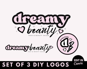 May include: Set of three DIY logos for a hair and beauty salon. The logos feature the text "dreamy beauty" in pink and black with a heart and stars. One logo is a circle with the letters "DB" in a stylized font.