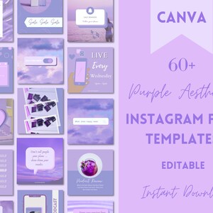May include: A purple and white graphic design with the text "CANVA 60+ Purple Aesthetic INSTAGRAM POST TEMPLATES EDITABLE Instant Download".