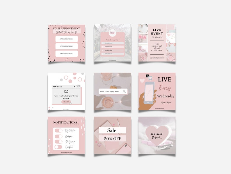 Op de afbeelding: Negen roze en witte Instagram-story-sjablonen met tekst die "Uw afspraak", "Live-evenement", "Meldingen", "Sale 50% korting", "Live elke woensdag" en "50% Sale Wees snel" omvat.