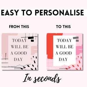 Op de afbeelding: Twee abstracte achtergronden in roze en rood met de tekst "TODAY WILL BE A GOOD DAY" in zwart. De achtergrond links heeft zwart-witte geometrische vormen en de achtergrond rechts heeft rode en roze abstracte vormen. De tekst "@yourinstagram" staat onderaan elke achtergrond.