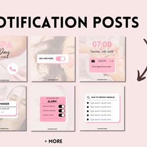 May include: A set of six pink and white social media post templates for a beauty or spa business. The templates feature text such as "SPA Day Calling", "SELF CARE MODE", "07:00 Tuesday 27th April", "REMINDER WEAR YOUR SPF", "ALARM", and "HOW TO PREVENT WRINKLES".
