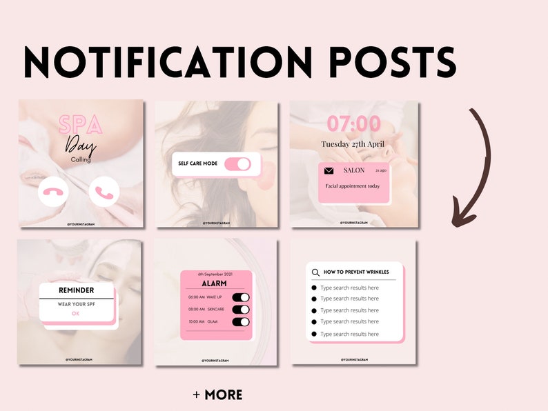 May include: A set of six pink and white social media post templates for a beauty or spa business. The templates feature text such as "SPA Day Calling", "SELF CARE MODE", "07:00 Tuesday 27th April", "REMINDER WEAR YOUR SPF", "ALARM", and "HOW TO PREVENT WRINKLES".