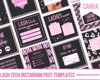 Plantillas de publicaciones de Instagram de Lash Tech, citas sobre pestañas, publicaciones sobre pestañas, kit de marca, folletos para redes sociales, publicaciones de belleza, plantillas de Canva, formularios de pestañas