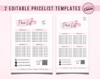 DIY Price List , Pink Editable Price list, Beauty Price List, Lash Tech, Aesthetics, Hair Salon, Nail Tech, Business Cards, Instagram