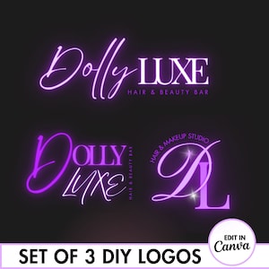 Op de afbeelding: Een set van drie DIY-logo's voor een haar- en beautysalon. De logo's bevatten de tekst "Dolly Luxe" in een paarse neon-stijl. Eén logo bevat de tekst "Hair & Beauty Bar", een ander bevat de tekst "Hair & Makeup Studio" en het derde logo is een gestileerde "D" en "L" in een cirkel.