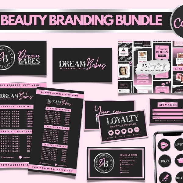 Beauty Branding Kit Canva, DIY Logo Set, Business Card, Voucher, Instagram Flyers, Highlight Covers, Branding Bundle, Lash, Nail, Hair