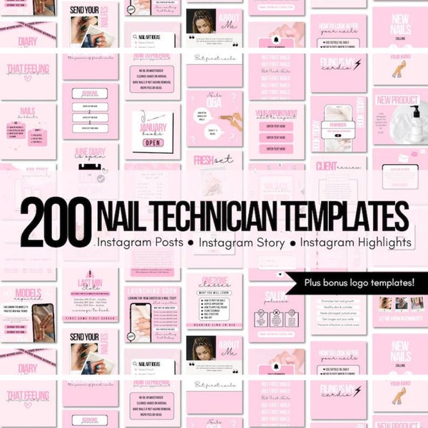 Nail Technician Instagram Posts, Instagram Template, Highlight Covers, Nail Tech, Logo Template, Manicure, Salon, Branding Kit, Social Media