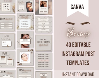 Puede incluir: Un conjunto de 40 plantillas de publicaciones de Instagram editables para artistas de cejas. Las plantillas presentan una combinación de colores marrón claro y dorado con una variedad de diseños, que incluyen texto, imágenes y gráficos. El texto de la imagen dice "CANVA Brows 40 plantillas de publicaciones de Instagram editables Descarga instantánea".