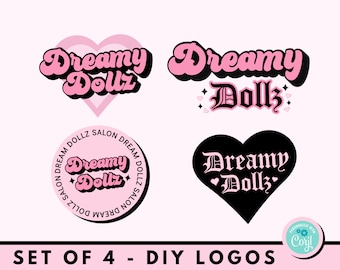 May include: Set of four DIY logos for a beauty salon called "Dreamy Dollz". The logos feature the salon name in different styles, including a heart shape, a circle, and a gothic font.