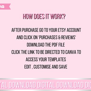 May include: Pink and white graphic with the text "HOW DOES IT WORK?" and instructions on how to access digital templates after purchase. The text reads: "After purchase go to your Etsy account and click on 'Purchases & Reviews'. Download the PDF file. Click the link to be directed to Canva to access your templates. Edit, customise and save." The bottom of the graphic reads "DIGITAL DOWNLOAD DIGITAL DOWNLOAD DIGITAL".