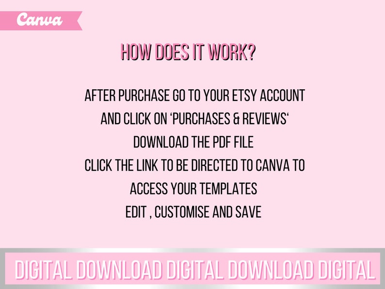 May include: Pink and white graphic with the text "HOW DOES IT WORK?" and instructions on how to access digital templates after purchase. The text reads: "After purchase go to your Etsy account and click on 'Purchases & Reviews'. Download the PDF file. Click the link to be directed to Canva to access your templates. Edit, customise and save." The bottom of the graphic reads "DIGITAL DOWNLOAD DIGITAL DOWNLOAD DIGITAL".