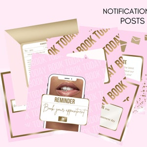 May include: A pink and gold graphic design with the text "Book Today" repeated throughout. The design includes a smartphone with a reminder to book an appointment. The text "Notification Posts" is at the top of the image.
