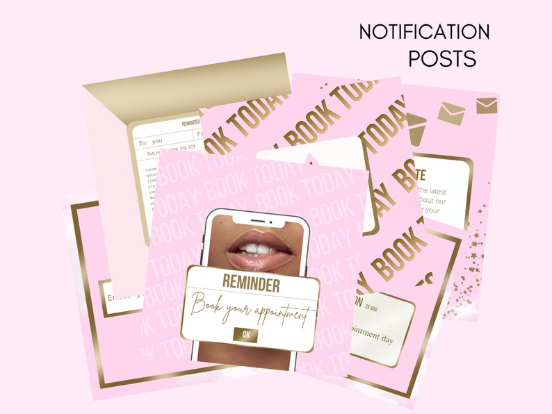 May include: A pink and gold graphic design with the text "Book Today" repeated throughout. The design includes a smartphone with a reminder to book an appointment. The text "Notification Posts" is at the top of the image.